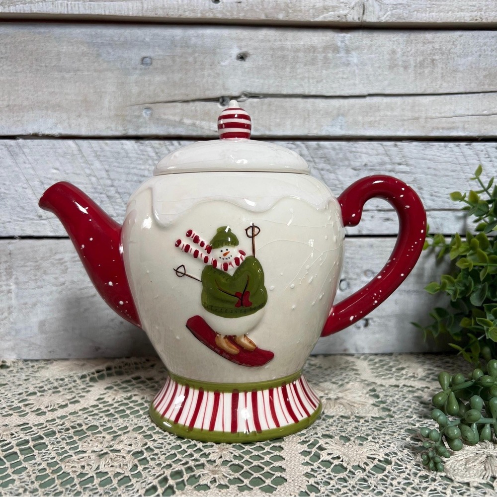 Debbie Mumm Snow Family ceramic teapot skiing snowman design * JoAnn